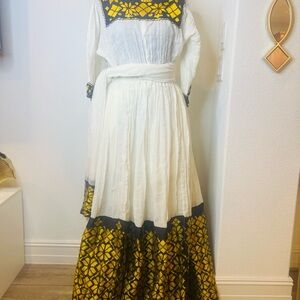 Elegant White and Yellow Embroidered Dress Ethiopian/Eritrean traditional dress